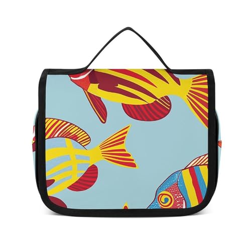 HJUQNGF Kulturbeutel für Damen, Reise-Kosmetiktasche, Naturstil, Drucke, große Make-up-Tasche, zum Aufhängen, Kosmetik-Organizer für Toilettenartikel, Zubehör, 3-in-1-Behälter, Tropisches Fischmuster, von HJUQNGF