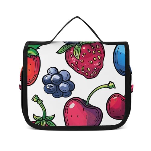 HJUQNGF Kulturbeutel für Damen, Reise-Kosmetiktasche, See und Bäume, große Make-up-Tasche, zum Aufhängen, Kosmetik-Organizer für Toilettenartikel, Zubehör, 3-in-1-Behälter, Beeren und Früchte, von HJUQNGF