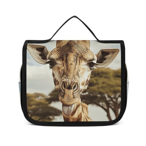 HJUQNGF Kulturbeutel für Damen, Reise-Kosmetiktasche, neonfarbenes Herzmuster, große Make-up-Tasche zum Aufhängen, Kosmetik-Organizer für Toilettenartikel, Zubehör, 3-in-1-Behälter, Giraffe streckt von HJUQNGF