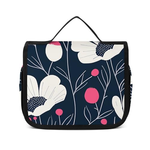 HJUQNGF Kulturbeutel für Damen, Reise-Kosmetiktasche, weißer Marmor, große Make-up-Tasche, zum Aufhängen, Kosmetik-Organizer für Toilettenartikel, Zubehör, 3-in-1-Behälter, Schwarzes Blumenmuster, von HJUQNGF