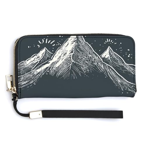 HJUQNGF Lange Geldbörse mit Holzblock-Form, mit Reißverschluss, Clutch, großes Fassungsvermögen, Leder, Kredit- und Münzgeldbörse, Handgezeichnete Berge, 20.0*10.5cm von HJUQNGF