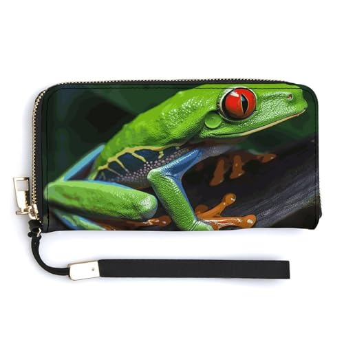 HJUQNGF Red Eyed Tree Frog Wristlet Long Wallet Womens Purse Zip Clutch Large Capacity Leather Purse Credit Coin Purse, Frosch mit roten Augen, 20.0*10.5cm von HJUQNGF
