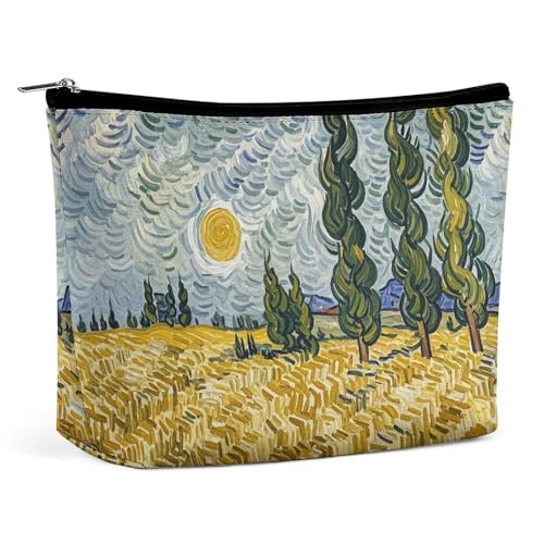 HJUQNGF Süße Kosmetiktasche, tragbare Kulturbeutel, große Kapazität, Reise-Make-up-Tasche, Beauty-Make-up-Organizer für Shampoo-Conditioner, Pinsel-Set, Make-up-Zubehör, Weizenfelder und Zypressen von HJUQNGF