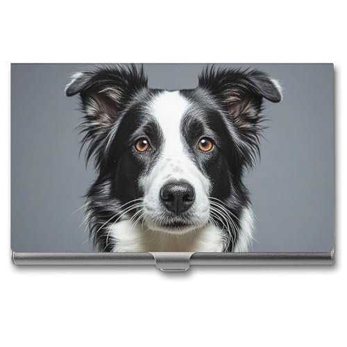 HJUQNGF Visitenkartenhalter Border Collie Visitenkartenetui Slim Pocket Kartenhalter Namenskartenhalter Metall Visitenkartenorganizer Visitenkartenträger für Männer Frauen, silber, 3.7x2.2x0.3 Inches von HJUQNGF