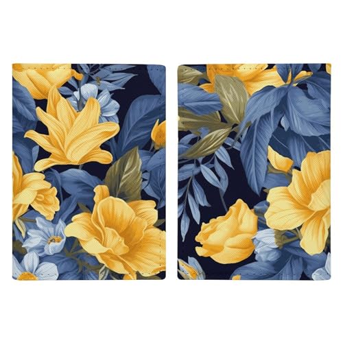 Reisepasshülle aus PU-Kunststoff, Motiv: Vintage-Mandala-Blumen, schlankes Kartenetui für Damen und Herren, Lederetui, Blaue Basis, gelbes Blumenmuster, 20.3x13.8cm Reisepasshülle aus PU-Kunststoff, Motiv: Vintage-Mandala-Blumen, schlankes Kartenetui für Damen und Herren, Lederetui, Blaue Basis, gelbes Blumenmuster, 20.3x13.8cm von HJUQNGF