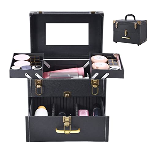 Kosmetikkoffer Für Damen, Kosmetik Organizer Für Unterwegs, Kosmetiktasche Mit Spiegel, Nagellack-Transportkoffer, Für Nagel- Und Wimpern-/Tattoo-/Makeup-Anhänger, Schwarz (Color : Black with Mirror von HJXGQJM