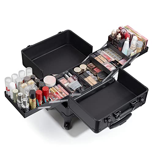 Kosmetikkoffer Pilotenkoffer Beauty Case Reisetrolley Friseurkoffer Kosmetik Trolley,Kosmetikkoffer Für Damen, Kosmetik Organizer Für Unterwegs, Maniküre-Etui, Schwarz/Rosa (Color : Noir) von HJXGQJM