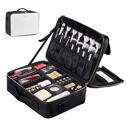 Kosmetiktasche Damen Reise Make Up Tasche Schminktasche Make Up Koffer,Professionelle Makeup Organizer Tasche Schminktasche Train Case, Wasserdichtes PU-Leder, Verstellbare Trennwand, Schwarz (Color von HJXGQJM