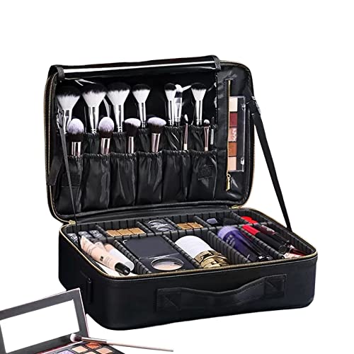 Kosmetiktasche Damen Reise Make Up Tasche Schminktasche Make Up Koffer,Professionelle Makeup Organizer Tasche Schminktasche Train Case, Wasserdichtes PU-Leder, Verstellbare Trennwand, Schwarz (Color von HJXGQJM