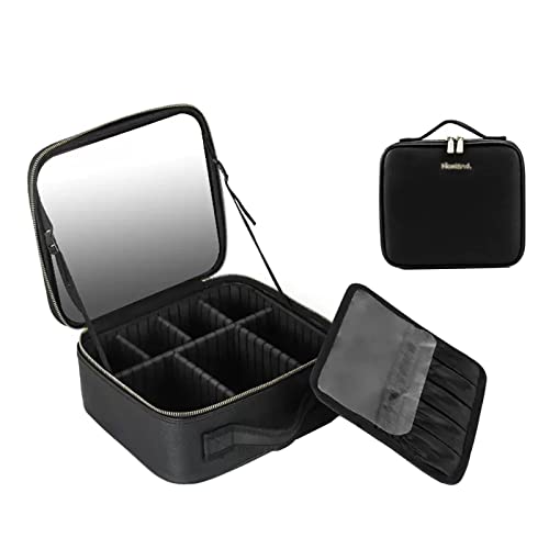 Kosmetiktasche Portable Reise Make Up Tasche, Mit Schminkspiegel Kulturbeutel Organizer Mit Kosmetikspiegel Für Unterwegs, Mit Verstellbaren Trennwänden PU-Leder, Noir/Rose (Color : Noir, Size : 26x von HJXGQJM