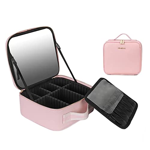 Kosmetiktasche Portable Reise Make Up Tasche, Mit Schminkspiegel Kulturbeutel Organizer Mit Kosmetikspiegel Für Unterwegs, Mit Verstellbaren Trennwänden PU-Leder, Noir/Rose (Color : Pink, Size : 26x von HJXGQJM