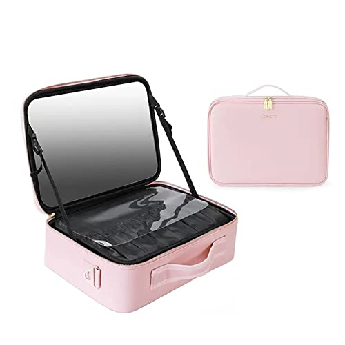 Kosmetiktasche Portable Reise Make Up Tasche, Mit Schminkspiegel Kulturbeutel Organizer Mit Kosmetikspiegel Für Unterwegs, Mit Verstellbaren Trennwänden PU-Leder, Noir/Rose (Color : Pink, Size : 37x von HJXGQJM