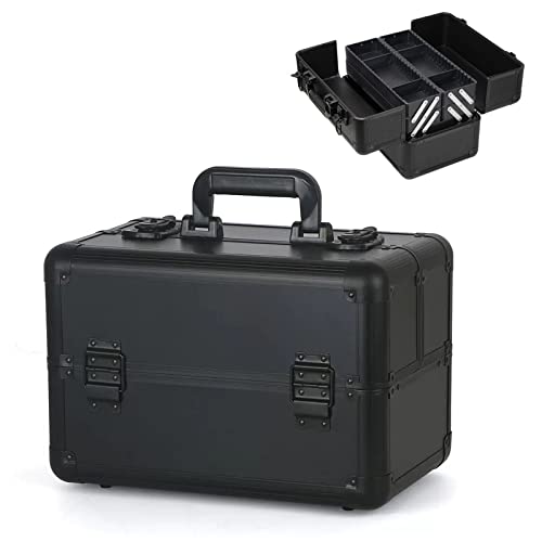 Professionelle Makeup Organizer Tasche Schminktasche Train Case, Kosmetikkoffer Für Damen, Kosmetik Organizer Für Unterwegs, Aluminium-Tragekoffer, Schwarz/Pink (Color : Noir) von HJXGQJM