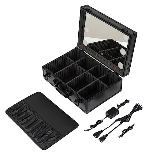 Professioneller Kosmetikkoffer, Make-up-Pinsel-Organizer, Make-up-Künstler, Aluminium, kratzfestes Laminat, verstellbare Trennwände, Kosmetikkoffer mit Licht und Spiegel, schwarzer Kosmetikkoffer, von HJXGQJM