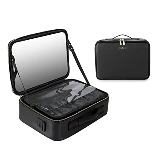 Reise Kosmetiktasche Portable Make Up Koffer Schminkkoffer, Mit Schminkspiegel Kulturbeutel Organizer Mit Kosmetikspiegel Für Unterwegs, Wasserdichtes PU-Leder, Schwarz/rosa (Color : Noir) von HJXGQJM