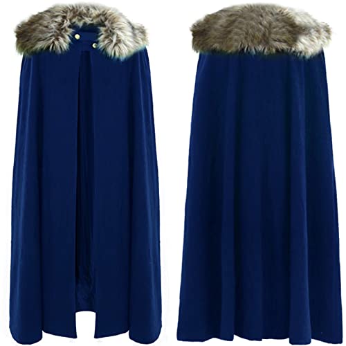 HJXX Umhang mit Fell Mittelalter Umhang Cape Mantel Satin Karneval Halloween Weihnachten Kostüm Erwachsene für Wikinger,Blau,XX Large von HJXX