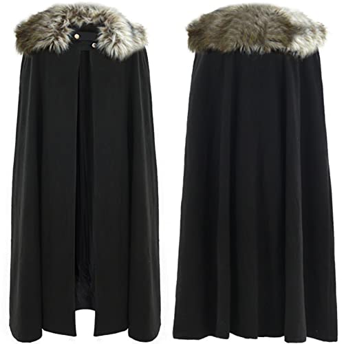 HJXX Umhang mit Fell Mittelalter Umhang Cape Mantel Satin Karneval Halloween Weihnachten Kostüm Erwachsene für Wikinger,Schwarz,XX Large von HJXX