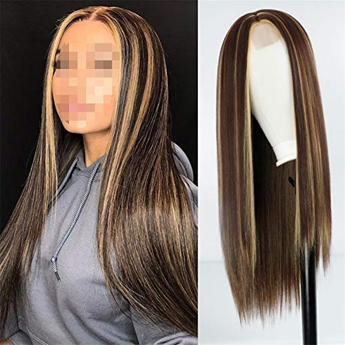 Perücke Braune gemischte blonde lange gerade Perücke Mittelteil Gerade Perücke mit Highlights for Frauen Lace Front Synthetic Perücke Wig (Color : A, Stretched Length : 26inches) von HJXX