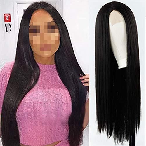 Perücke Braune gemischte blonde lange gerade Perücke Mittelteil Gerade Perücke mit Highlights for Frauen Lace Front Synthetic Perücke Wig (Color : B, Stretched Length : 26inches) von HJXX
