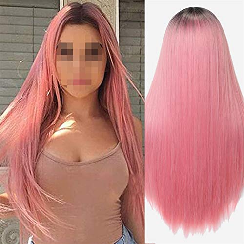 Perücke Lange gerade schwarz bis rosa Haar-Mode-Perücke wärmebeständige synthetische Perücke for Frauen Wig (Color : A, Stretched Length : 26inches) von HJXX