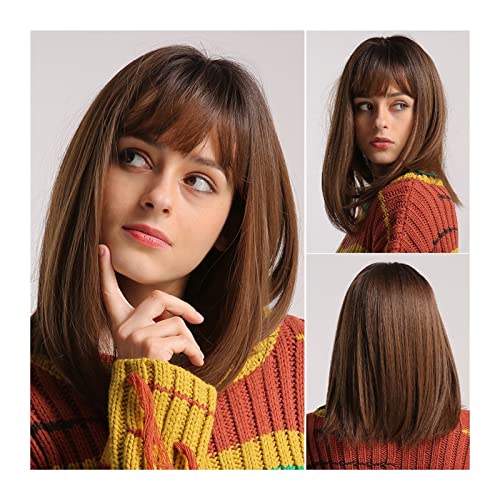 Perücke Synthetische Haare Braune Haarperücken Medium Lange Gerade Perücke mit Pony Cosplay Natural Perücken for Frauen 150% Dichte Hitzebeständige Faserperücken Wig Perücke Synthetische Haare Braune Haarperücken Medium Lange Gerade Perücke mit Pony Cosplay Natural Perücken for Frauen 150% Dichte Hitzebeständige Faserperücken Wig von HJXX
