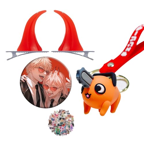 Chainsaw Schlüsselbund Denji Makima Action Figur Schlüsselanhänger Anime Abzeichen Rot Cosplay Hörner Haarspangen Kopfbedeckung mit Aufklebern 13 Stück von HJYZY