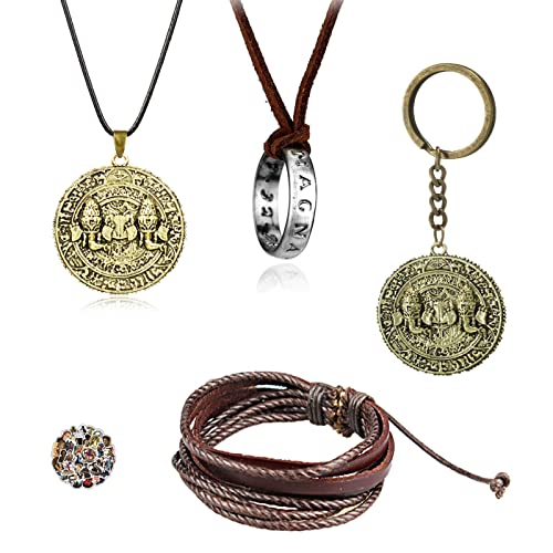 HJYZY 29 Stk Uncharted 4 Drake Schmuck Ring Anhänger Halskette Gravierter Totenkopf Goldmünze Anhänger Halskette Schlüsselanhänger Aufkleber Set Braunes Leder Herrenarmband von HJYZY