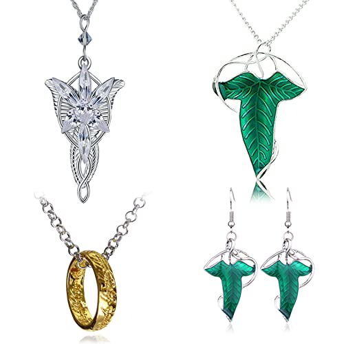 HJYZY 4 Stück Damen Halskette mit Ring Anhänger Schmuck Arvven Kette Anhänger Elfen Schmuck Elfengrüne Lorien-Brosche/Halskette/Ohrringe von HJYZY