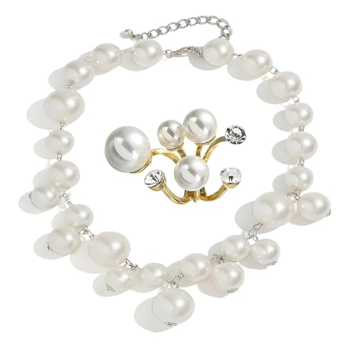 HJYZY Große klobige Perle glänzend Choker Halskette für Frauen Modeschmuck Geschenke Stacking Perle Ringe Verstellbarer offener Perlenfingerring 2 Stück von HJYZY