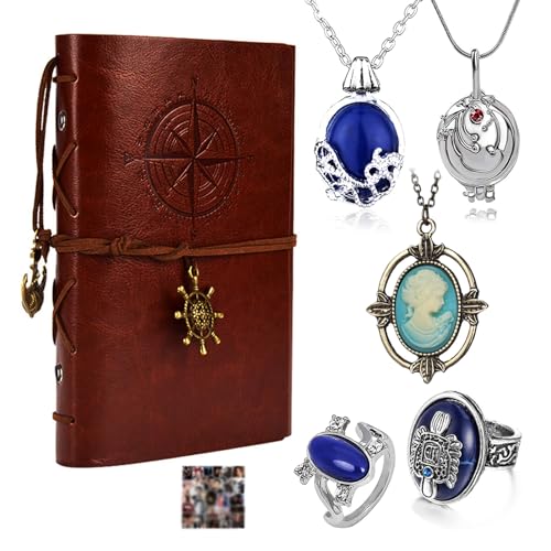 HJYZY Vampir Schmuck Sets Leder Journal Notizbuch Elena Gilbert Öffnung Eisenkraut Medaillon Halskette Damon's Familien Ringe mit Film Aufklebern 16 Stück von HJYZY