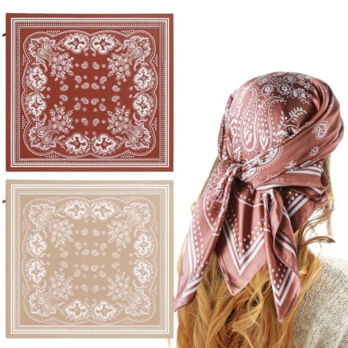 HJZHII 2 Stück Damen Bandana, 70 x 70 cm Sommer Satin Quadrat Kopftuch Mädchen Leicht Seidenschal Haarschal für Taschen Haarschals Geschenk von HJZHII