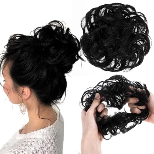 HJZHII 2 Stück Haarteile Echthaar Haargummi,Groß Haarteil Mit Gummiband,Dutt Haarteil Haargummi Mit Haaren Schwarz Gelockt Hochsteckfrisuren Haarverlängerung Messy Bun für Damen Pferdeschwanz von HJZHII