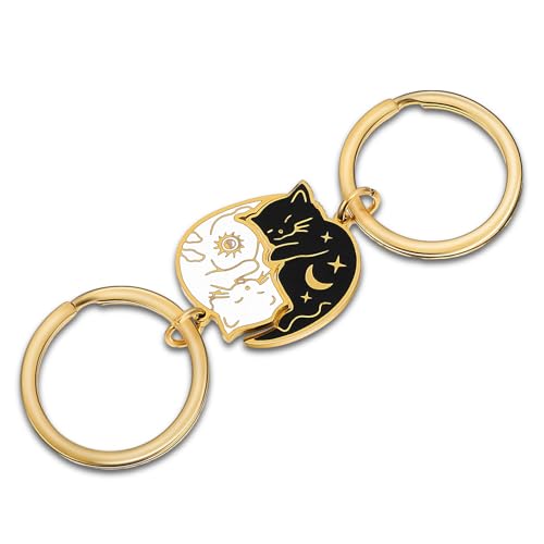 HJZHII 2 Stück Katzen Pärchen Schlüsselanhänger Partner,Partner Schlüsselanhänger Katze,Paar Schlüsselanhänger Paare Freundschaft Passende Geschenke Beste Freunde Jahrestag Geburtstag Jahrestag(Gold) von HJZHII