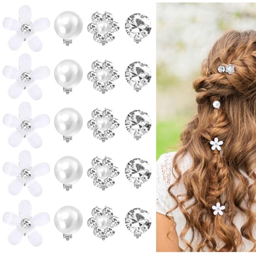 HJZHII 20 Stück Mini Blumen Haarschmuck, Weiße Strass Braut Haarspangen, Haarschmuck Kommunion Mädchen Niedliche Blumen Braut Haarspangen für Perlen Hochzeits Haarspangens von HJZHII