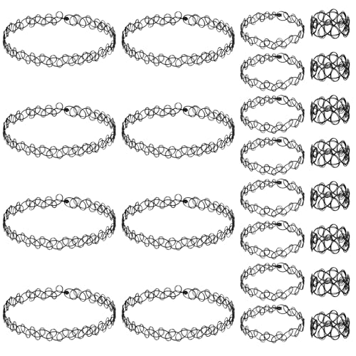 HJZHII 24 Stück Elastische Halskette Set, Stretchhalsbänder Schwarz 3 SetsTattoo Kette 90er Hohlgewebe Choker Punk Gothic Armbänder Ringe 90er jahre accessoires für Mädchen von HJZHII