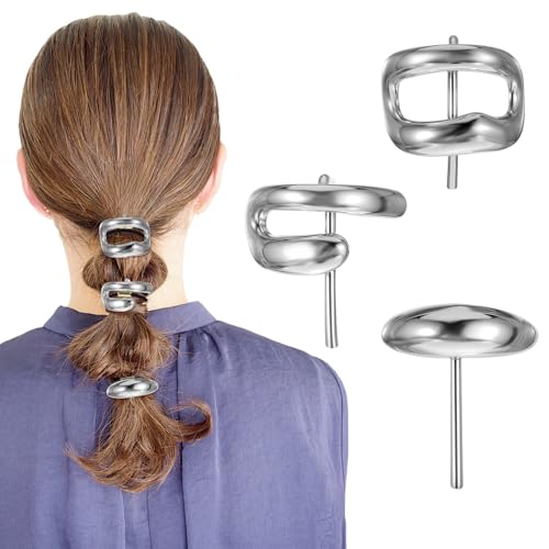 HJZHII 3 Stück 3cm Metall Haarspange Silber mit 3 Haargummi Damen,Haarclips Haarspangen Haaraccessoires Haar Accessoire Hair Accessories Pferdeschwanz Halter Haarnadel Metall Pferdeschwanzhalter von HJZHII