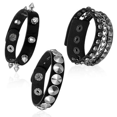 HJZHII 3 Stück Goth Punk Nietenarmband,Punk Leder Nieten, Accessories Armband Damen Leder Lederarmband Herren Accessoires Besetztes Manschette Gothic Spike Armbänder Nietenmanschette Rock 80er von HJZHII