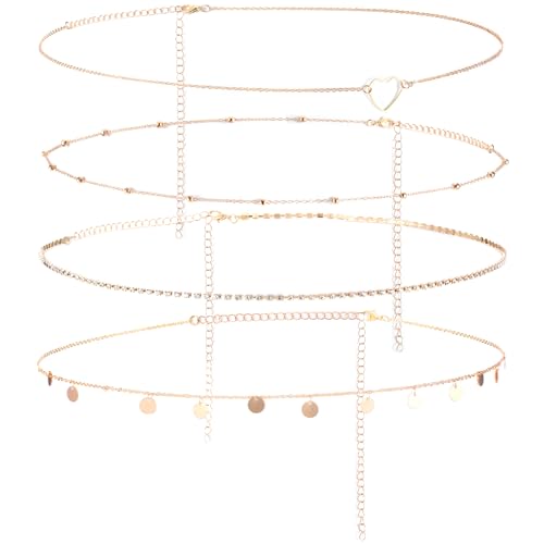 HJZHII 4 Stück Bauchkette Gold,Belly Chain,Verstellbar Bauch Kette Körperkette Waist Beads Körperketten Taillenkette Belly Waist Chain Set für Frauen Mädchen Bikini Quaste(Gold) von HJZHII