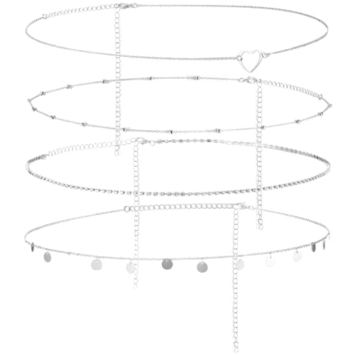 HJZHII 4 Stück Bauchkette Silber,Belly Chain,Verstellbar Bauch Kette Körperkette Waist Beads Körperketten Taillenkette Belly Waist Chain Set für Frauen Mädchen Bikini Quaste(Silver) von HJZHII