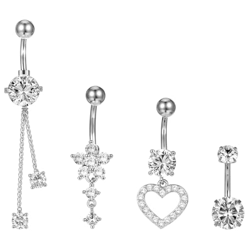 HJZHII 4 Stück Bauchnabelpiercings aus Sterlingsilber, 14G Silber Edelstahl Bauchnabel Piercingschmuck Herz Elegant Schmetterlingsbogen Blume Bauchnabelringe für Frauen Männer(Silber) von HJZHII