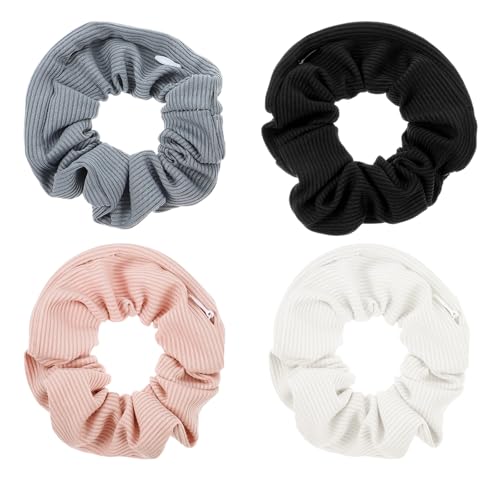 HJZHII 4 Stück Haargummi mit Reißverschluss, Haargummis mit Verstecktem Reißverschluss, Pferdeschwanzhalter, Haar Accessoires mit Versteckter Tasche für Frauen und Mädchen, Dünnes, Dickes Haar von HJZHII