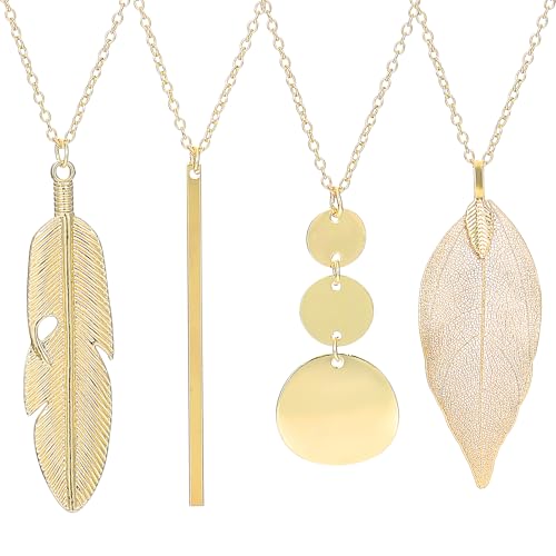 HJZHII 4 Stück Modeschmuck Kette Lang,70cm Lange Kette Damen,Kettenanhänger Mode Anhänger Halskette Schmuck Lange Pullover Halsketten Set Silber Bar Feder Kreis Blatt Schloss Quaste (Gold) von HJZHII