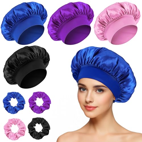 HJZHII 4 Stück Seidenhaube Zum Schlafen, Verstellbare Bonnet Sleep Cap Haar Haube, Schlafhaube Seide Schlafmütze Curly Hair Kopfhaube für Die Nacht Weiche Bonnet Sleep Cap für Damen von HJZHII