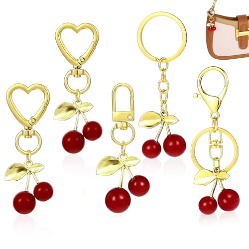 HJZHII 5 Stück Kristall Kirsche Schlüsselanhänger, Asthetischer Kirsch Taschenanhänger Herz Obst Schlüsselring Süßer Kirsch Anhänger für Geldbörsen Handtaschen Rucksäcke von HJZHII