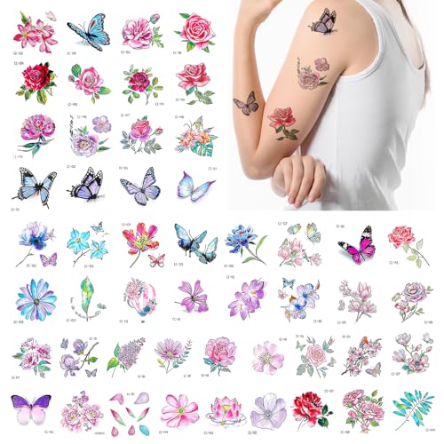 HJZHII 50 Blatt Blumen Temporäre Tattoos Aufkleber, Aquarell Blumen Temporäre Tattoos Selbstklebende Wasserdichter Körperkunstaufkleber Rose Schmetterling Klebetattoos für Arme Beine Erwachsene Damen von HJZHII