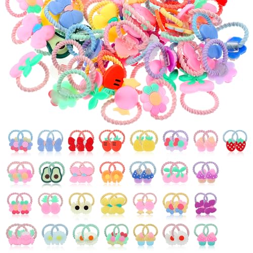 HJZHII 60 Stück 2cm Bunte Haargummis Mädchen,Elastische Zopfgummis Mädchen,Baby Kinder Haargummi Mini Kleine Haargummis Blumen Klein Fruchtmotiven Bonbonfarbene Pferdeschwanz Set Stretch Scrunchies von HJZHII