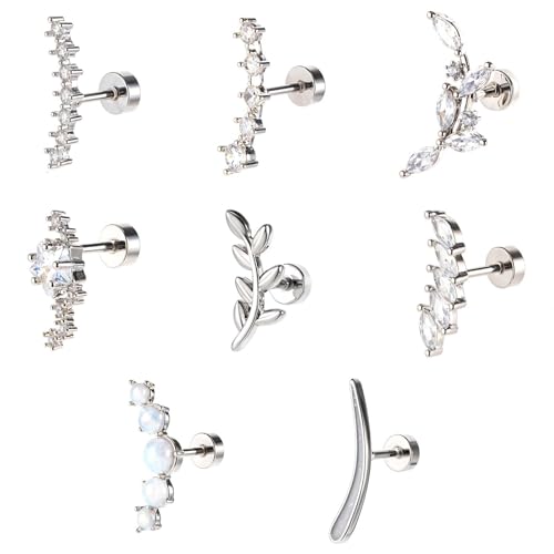 HJZHII 8 Stück Helix Piercing Ohrringe Set, 16G Helix Piercings Conch Piercing Knorpel Tragus Ohrschmuck Edelstahl Flache Rückseite Ohrring Ohrstecker Strass(A) von HJZHII
