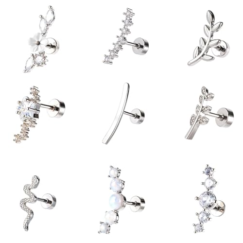HJZHII 8 Stück Helix Piercing Ohrringe Set, 16G Helix Piercings Conch Piercing Knorpel Tragus Ohrschmuck Edelstahl Flache Rückseite Ohrring Ohrstecker Strass(B) von HJZHII