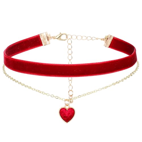 HJZHII Rot Choker Damen für Dirndl Rot,29.5-36.5cm Halsband Schmuck für Dirndl Samt Damen,Samt Halskette Klassische Herz Geschichtet Schmuck für Teenager Mädchen Gothic Kette 90er Deko Trachtenschmuck von HJZHII