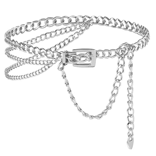 HJZHII Kettengürtel Damen, Kettengürtel Silber Verstellbarer Bauchkette Metallkette Mehrschichtig Metall Taillenkette Silber Metallkörperkette für Jeans Hosen Damen Mädchen (Silber) von HJZHII